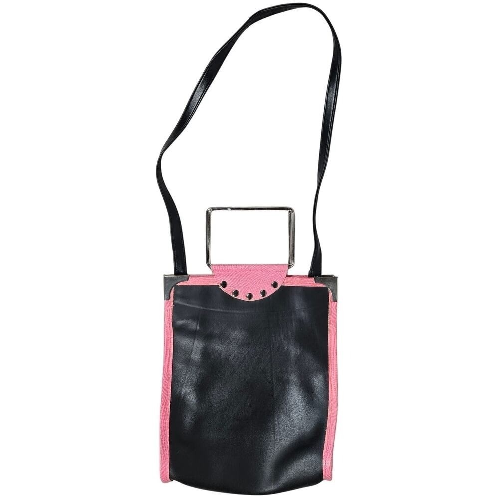 Passchal Pink Black Faux Leather Geometric Handle Shoulder Bag